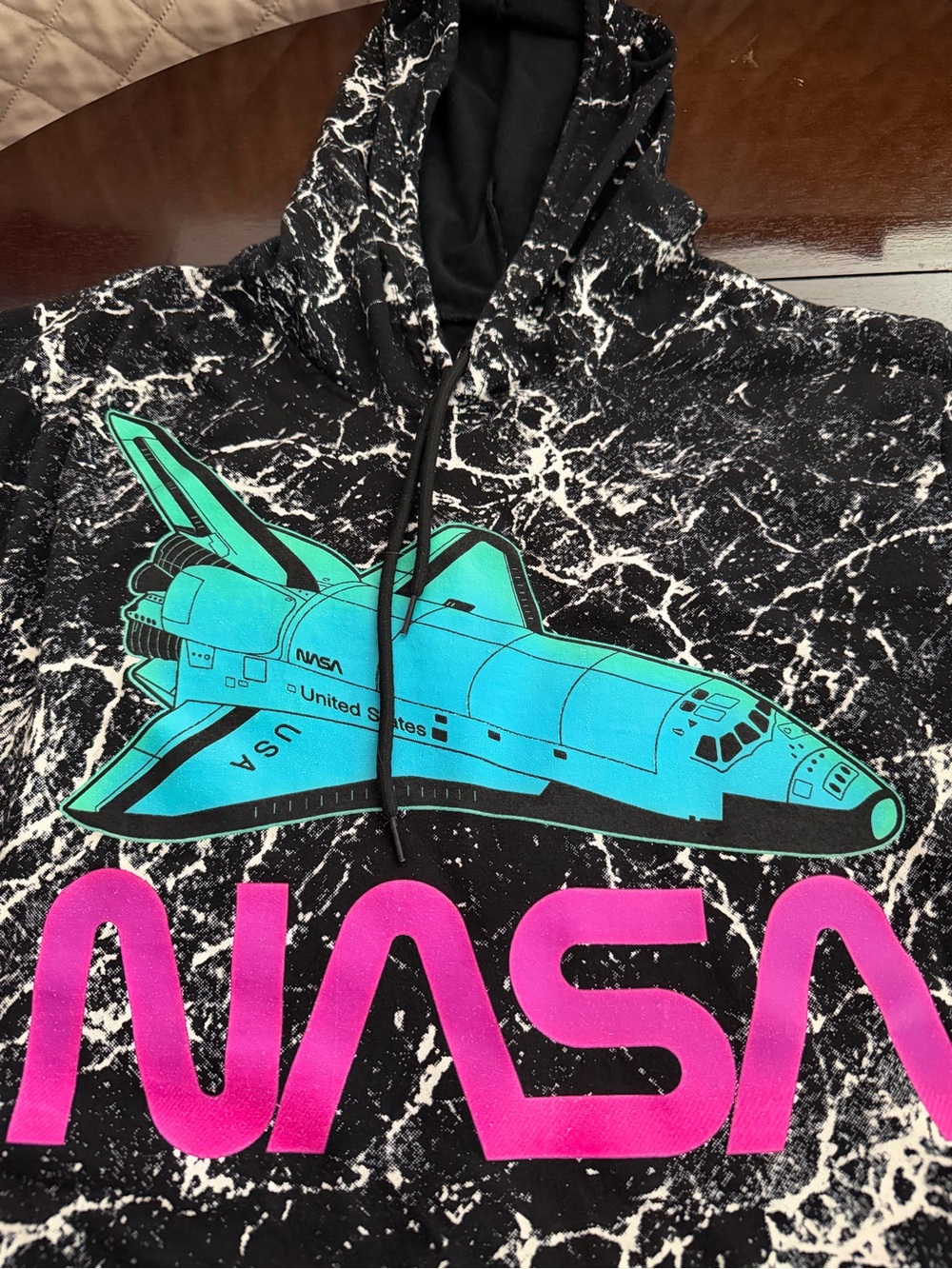Hollister Black Marble Hoodie with Teal Shuttle and Pink NASA Logo